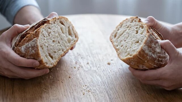 Fresh Sourdough Bread Sharing by Two People at Wooden Table, Sustainable Food Connection, Community Nourishment and ESG Values in Rustic Home Setting