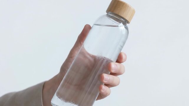 Glass bottle held by hand with brown liquid, wooden cap, blank label, sustainable hydration, reusable lifestyle, and ESG concept