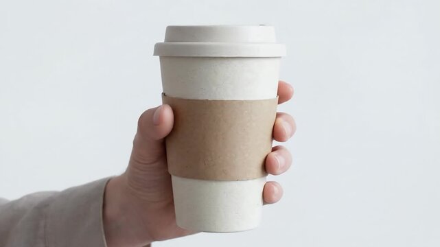 Hand Holding Recycled Paper Coffee Cup for Sustainable Beverage Consumption, Responsible Takeaway Packaging, ESG Awareness, and Eco Friendly