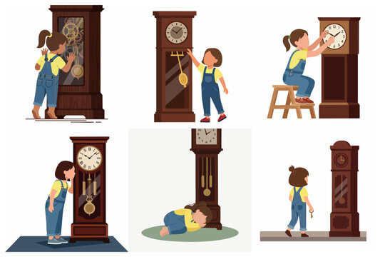 Curious little girl and grandfather clock illustration set, child exploring vintage tall case clock, learning about time and mechanics