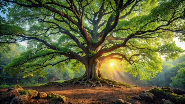 Majestic Tree with Lush Green Foliage Under a Golden Sunrise