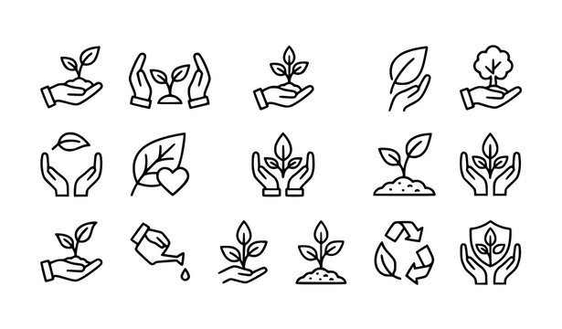Minimal black outline hand holding seedling eco care and sustainable growth vector icon set