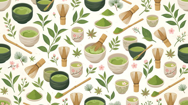 Seamless vector pattern featuring Japanese matcha green tea elements, including whisk, tea bowls, powder, scoop, cherry blossoms, and green leaves on a textured cream background.