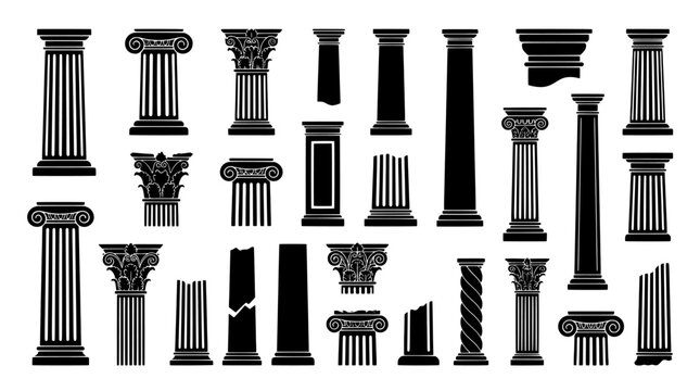 Set of architectural columns and pillars silhouettes featuring classic greek and roman styles, isolated on white background