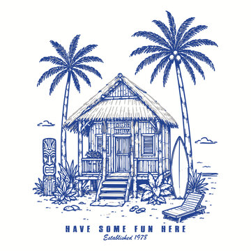 Vintage Tropical Beach Shack Surfboard Tiki Palm Trees Hand Drawn Engraving Illustration