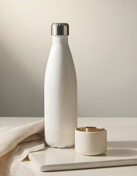 MinimalistWhiteInsulatedWaterBottleWithLidAndCoaster.