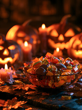 Mangkuk berisi permen Halloween dengan hiasan lilin dan labu