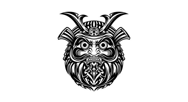 Detailed black and white illustration of a fierce samurai Daruma doll mask with intricate patterns and horns, traditional Japanese art style.