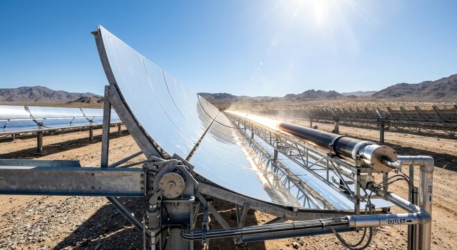 Expansive Solar Thermal Parabolic Trough Array Harnessing Sunlight in a Desert Landscape for Renewable Energy Production