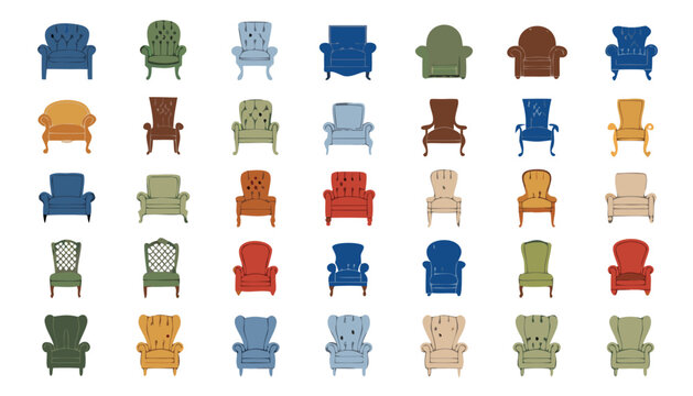 An assortment of antique armchair in various colors and styles, displayed in a grid pattern