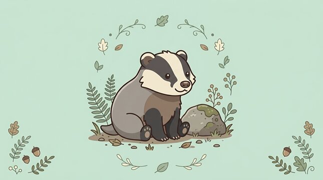 Adorable Little Badger Character in a Woodland Setting with Foliage and Berries, Charming Nature Illustration