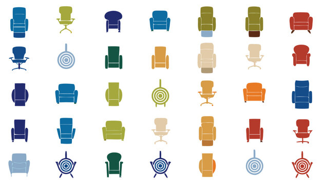 A collection of diverse chairs arranged in a grid pattern, showcasing various styles and colors