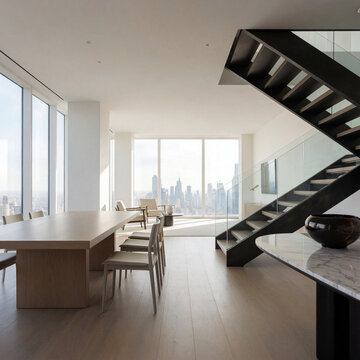 Luxury Minimalist Penthouse Interior with Dining Room, Floating Staircase and Panoramic City Skyline View