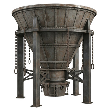 Industrial metal hopper with chains isolated on transparent background