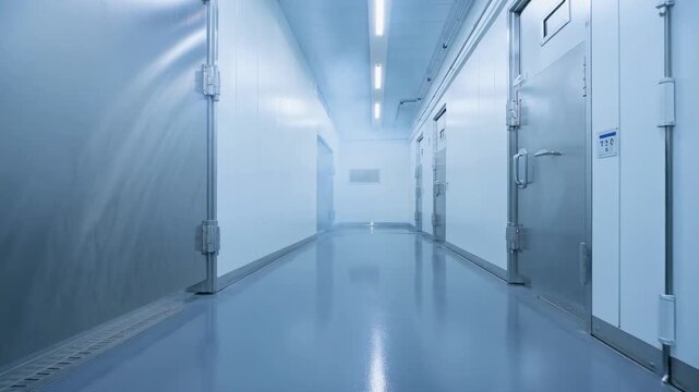 Sleek sterile corridor with heavy metal doors and faint mist in futuristic industrial hallway