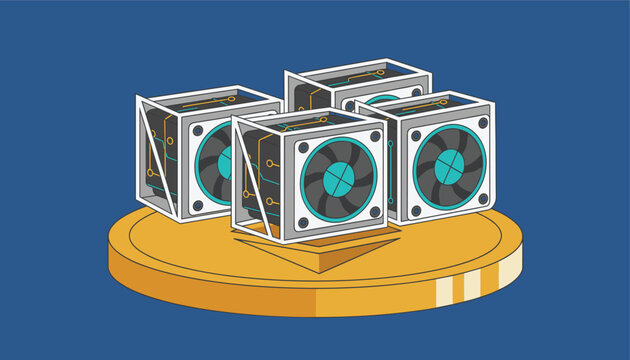 Digital crypto mining rig computers placed on a golden coin showing block generation technology and virtual currency.