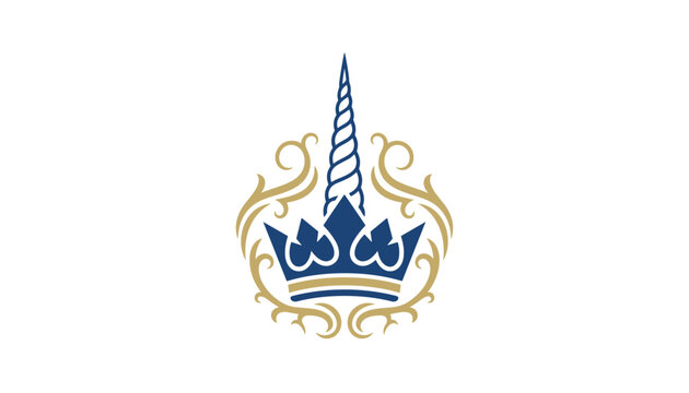 Regal logo design featuring a royal crown topped with a majestic unicorn horn decorated with golden ornamental scrolls.