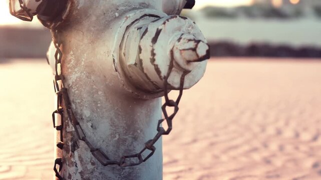 A fire hydrant stands on the street in the evening. The sun sets behind nearby buildings. A chain is attached to the hydrant. The ground is paved and the area is urban.
