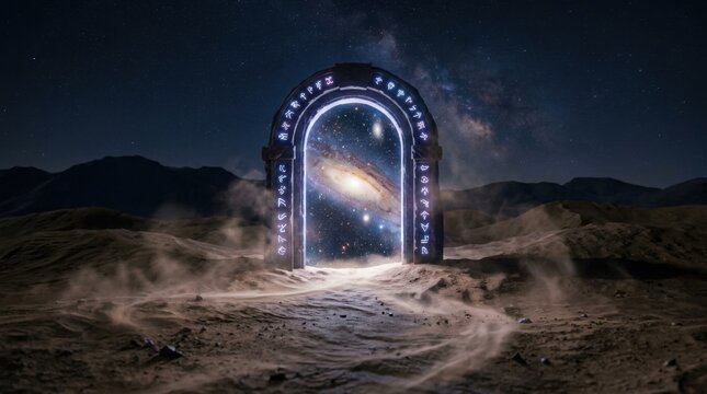 Mystical cosmic gate in a rugged desert landscape under starry night sky