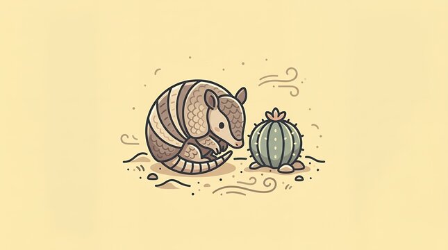 Minimalist Illustration of a Cute Armadillo Next to a Small Desert Cactus on a Simple Beige Background