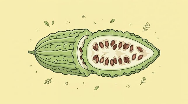 Organic bitter melon vegetable drawing with sliced piece and textured skin on a soft yellow background