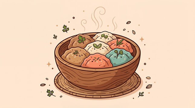 Cute colorful steamed dim sum dumplings in a rustic wooden bowl illustration with steam and herbs for food design