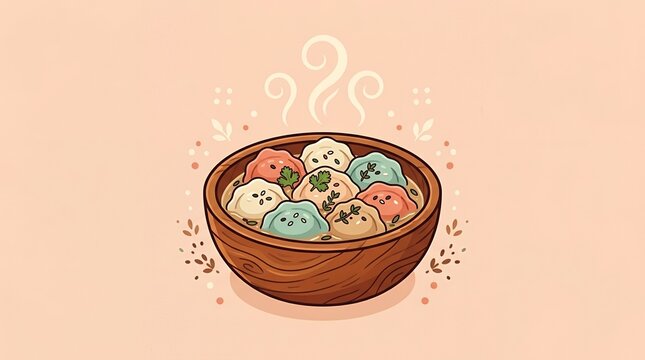 Steaming colorful asian dumplings in a rustic wooden bowl with herbal garnish food illustration on soft background