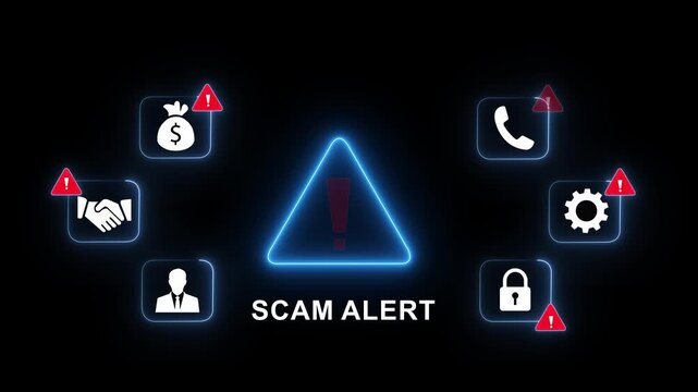 Cybersecurity scam alert warning featuring glowing neon hazard triangles and digital representing financial fraud, phishing attacks, identity theft, and online security risks for business safety