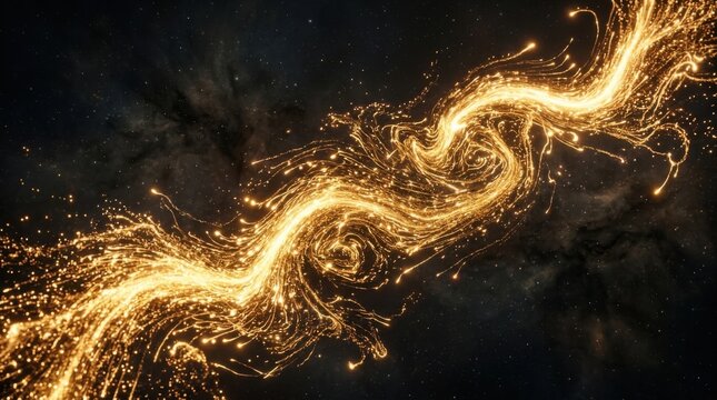 Glowing Gold Light Trail Twisting Brightly Against Deep Space Background