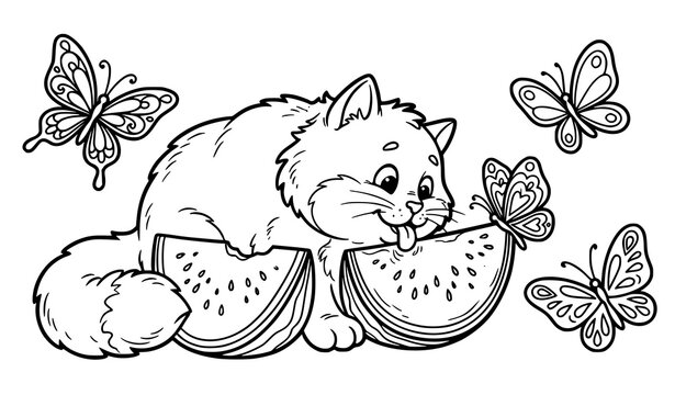 Playful Kitten Eating Watermelon with Flying Butterflies Black White Line Vector Illustration