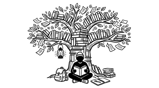 Person reading under a knowledge tree made of books vector illustration