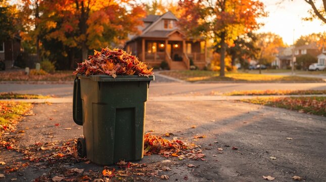 Green garbage bin filled with dry autumn leaves standing on a residential driveway yard waste leaf cleanup trash can fall season suburban driveway seasonal maintenance fallen foliage