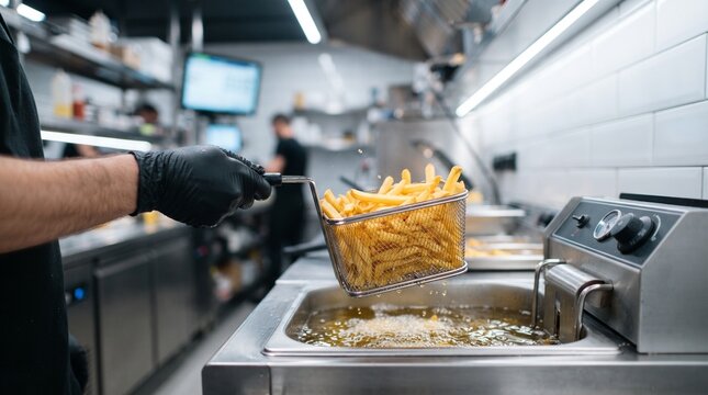 Chef lifting a deep fryer basket filled with golden french fries in a commercial kitchen fried food fast food hot oil food preparation restaurant kitchen golden brown gloved hand catering