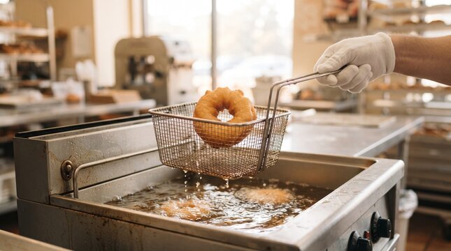 Baker lifting a freshly fried glazed donut out of a deep fryer basket in a bakery kitchen with fried food hot oil food preparation gloved hand ring donut industrial kitchen cooking process