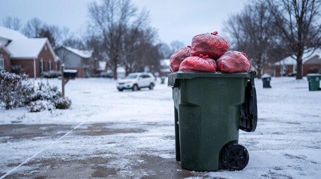 Green trash bin filled with red garbage bags standing outdoors on a snowy winter day winter season garbage can waste management suburban neighborhood snow covered winter weather white snow