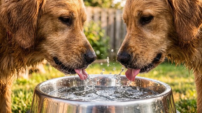 Two golden retriever dogs drinking fresh water together from a metallic bowl outdoors with thirsty dogs pet care dog tongues retriever daylight refreshment hydration companionship