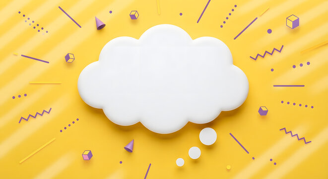 3D white thought bubble frame with pop art geometric elements on yellow background, creative idea and copy space concept