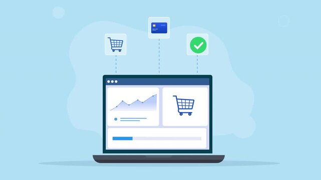 Modern flat vector animation showing a laptop with an ecommerce sales dashboard, shopping cart, analytics chart, and success icon, representing online retail, sales performance, orders, and digital co