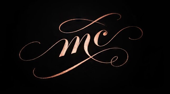 Rose gold script mc calligraphy logo on black.