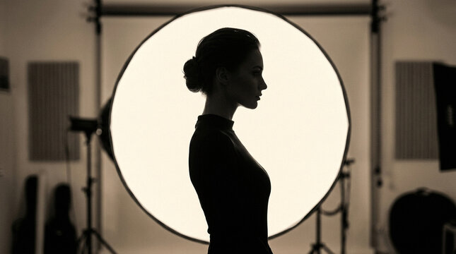 Silhouette of a woman in a professional photography studio