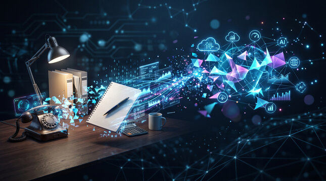 Digital transformation concept with office desk elements merging into a futuristic ai network and data cloud visualization