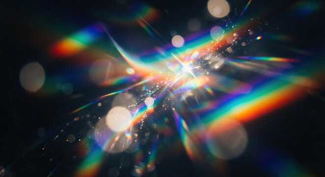 Prismatic light dispersion effect with lens flares on dark background