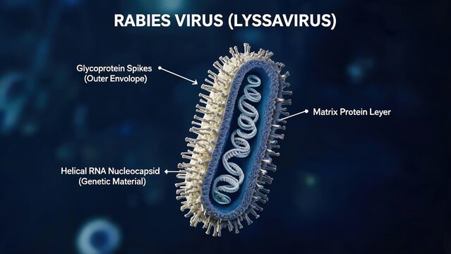 Annotated 3D diagram of rabies lyssavirus internal anatomical structure