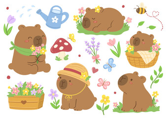 Fototapeta premium Sweet little capybaras playing outdoors surrounded by blooming spring flowers and butterflies