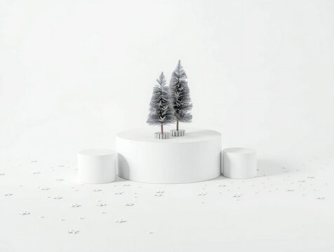 Minimalist winter scene with evergreen trees on a white mound