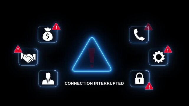 Digital connection interrupted warning sign with animated cyber security featuring financial, communication, and data privacy alerts for network failure, system error, and online infrastructure issues