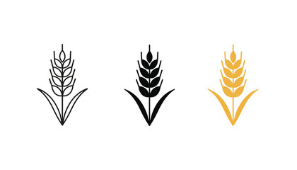 Obraz premium Three different design styles of a single wheat stalk shown in outline line art, black silhouette, and golden yellow.