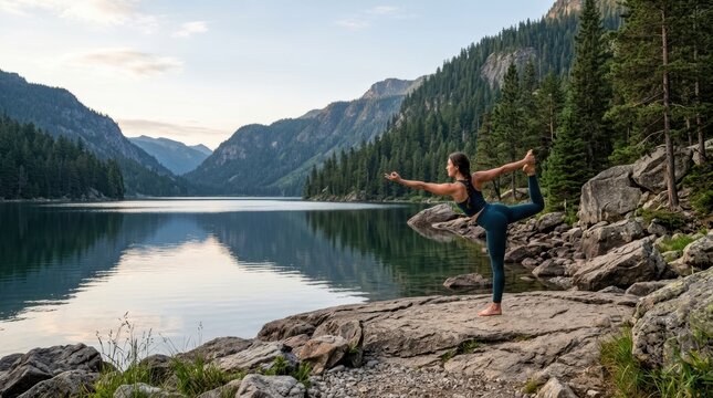 Young woman performing yoga dancer pose on rocky lake shore with mountains and forest