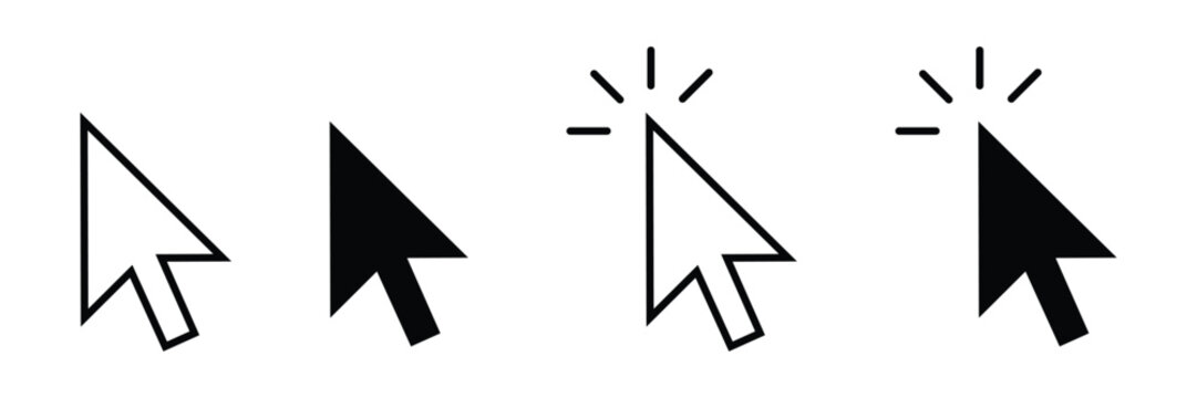 Set of four computer mouse cursor icons in outline and solid black styles