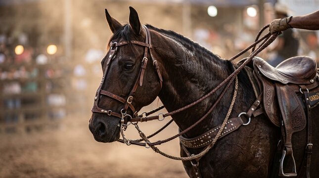 Foto de cavalo de vaquejada com arreio de couro artesanal, sela decorada e peitoral com fivelas, entrelingado em parque de vaquejada com poeira ao fundo
